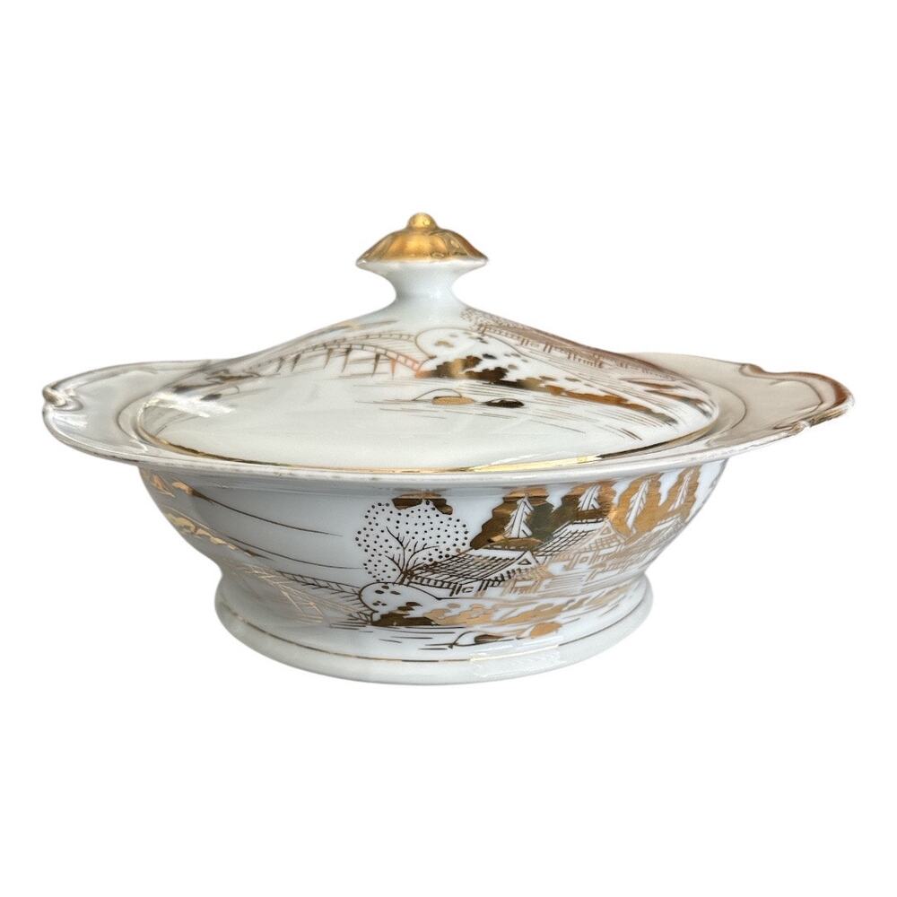 Japanese Kutani Serving Bowl with Lid White Gold